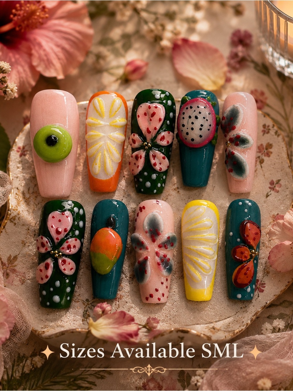 Hand-Painted Floral & Fruit Press-On Nails – Pink, Green, Teal, Yellow, Orange